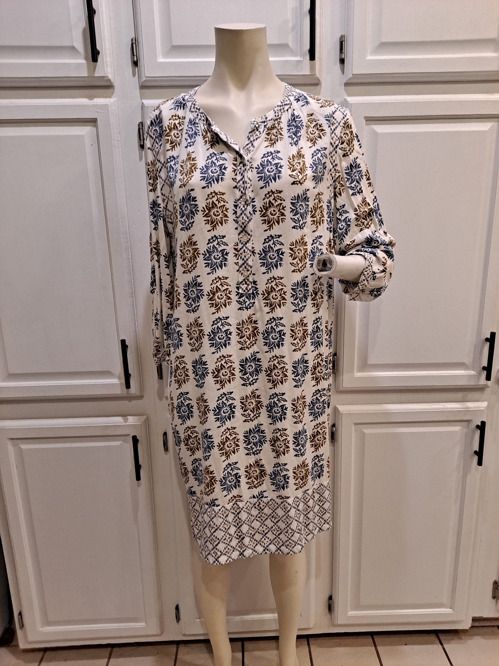 LOFT White Cream Midi Tunic Flowy Loose Dress Blue Green Brown Floral Shift Airy
